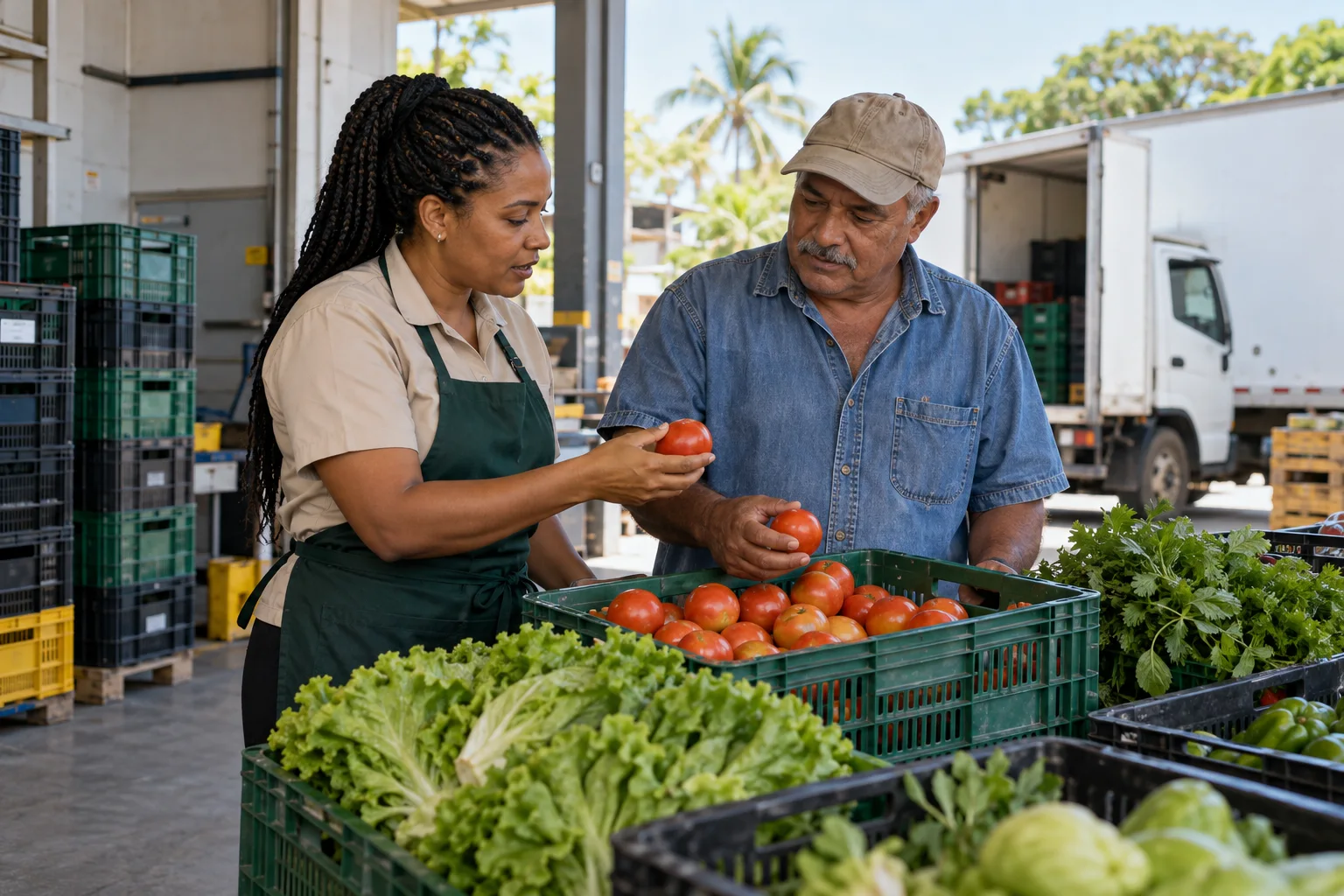 Responsable de compras y proveedor revisando una entrega de vegetales